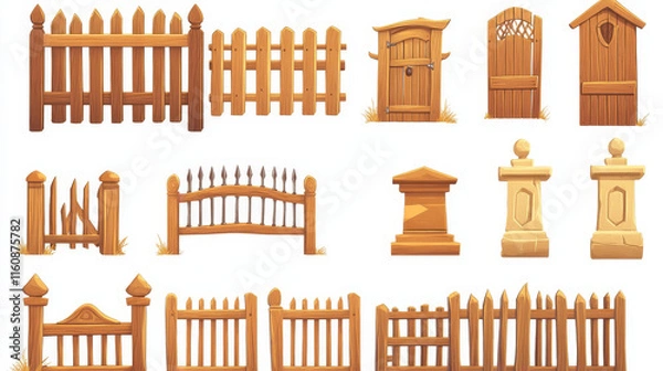 Fototapeta Cartoon wooden fence vector set, garden or farm palisade, gates or balustrade with pickets. Enclosure railing, banister or fencing sections with decorative pillars. Wooden isolated fence and balusters