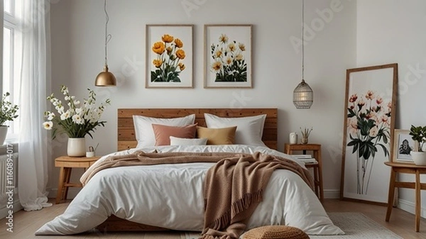 Fototapeta Flowers on wooden stool and pouf in white bedroom interior with posters above bed. Real photo