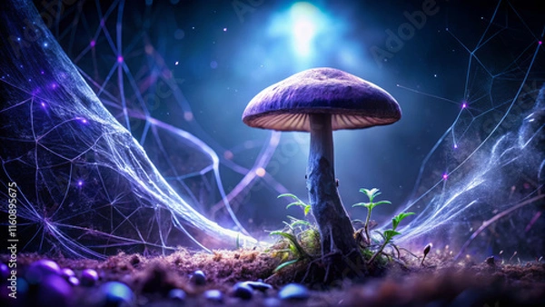 Fototapeta meticulously crafted mushroom stands tall, bathed in ethereal light, surrounded by delicate webs and vibrant greenery, creating magical atmosphere in nature