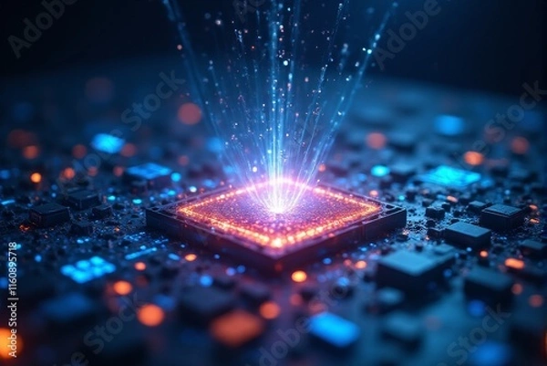 Fototapeta A quantum computer core emitting beams of light in a clean tech lab