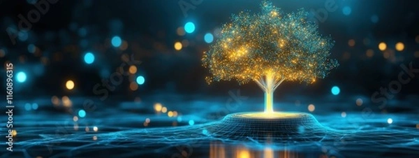 Obraz A glowing digital tree with branches connecting to people, roots of tech relationships