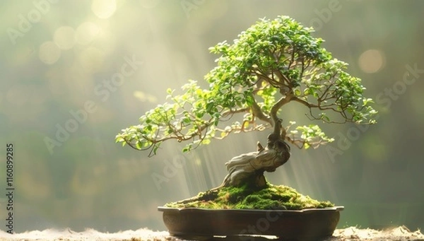 Fototapeta A bonsai tree growing in sunlight, symbolizing growth and resilience.