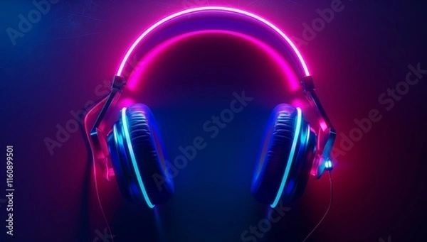 Obraz Gaming headphones on neon light background, minimalism illustration, 3D rendering.