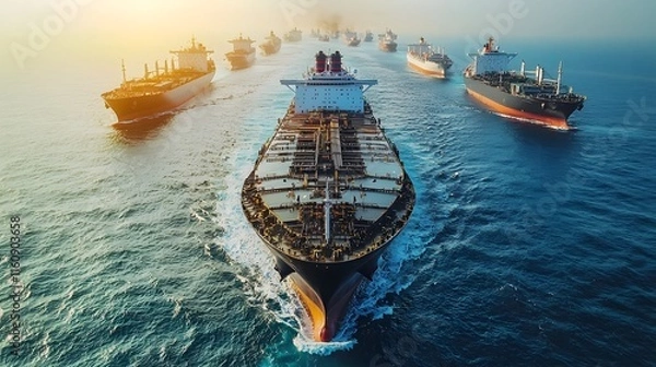Obraz Aerial perspective of a bustling ocean shipping lane with a fleet of various cargo ships container vessels tankers and cruise liners traversing the open waters
