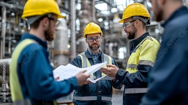 Obraz A group of engineers wearing hard hats are gathered around blueprints discussing plans and strategies for the and maintenance of the industrial refinery equipment and facility