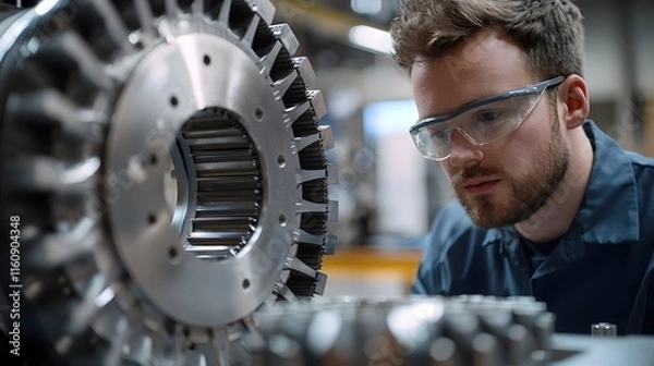 Obraz Portrait of an aerospace engineer or technician closely examining and testing the inner workings of turbine components in an industrial laboratory environment