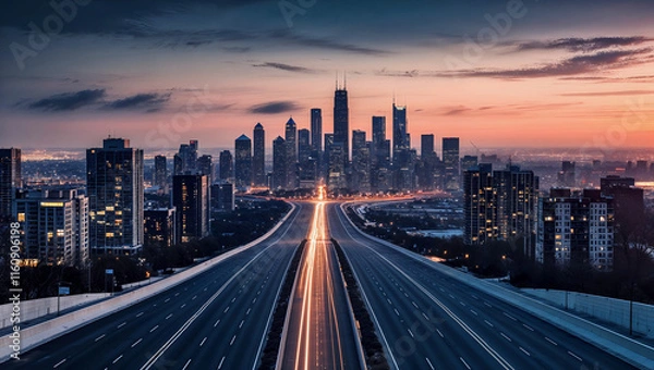 Fototapeta 金融街の夕日と静かな道路が作り出すモダンで美しい都市景観.生成AI