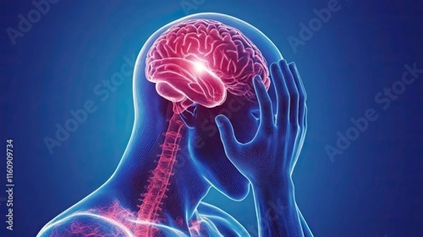 Obraz Human head with highlighted brain experiencing pain.
