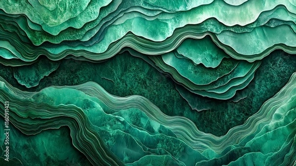 Fototapeta Elegant layers of green abstract textures, resembling serene topography. Perfect for creative backgrounds, digital art, and modern design projects.