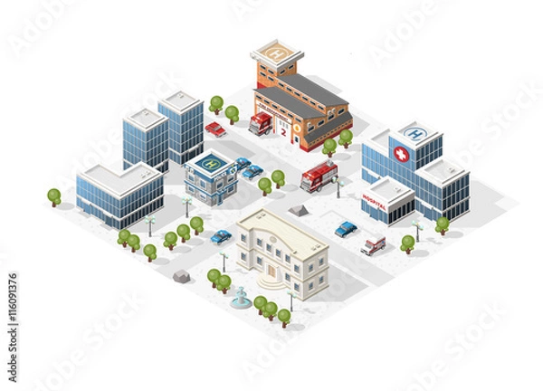 Fototapeta Set of Isolated High Quality Isometric City Elements on White Background.