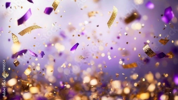 Fototapeta luxurious gold and purple glitter confetti explosion with bokeh light effects for celebration background design