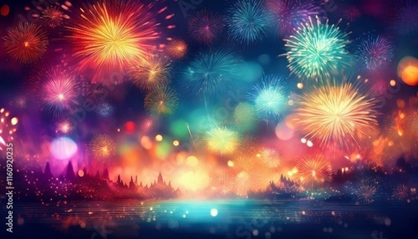 Fototapeta Abstract holiday background with fireworks and bokeh lights; festive celebration graphic resource