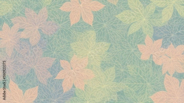Fototapeta Delicate Floral Pattern with Soft Pastel Colors Perfect for Backgrounds or Textiles, Featuring Light Leaf Designs on a Calm Gradient Surface