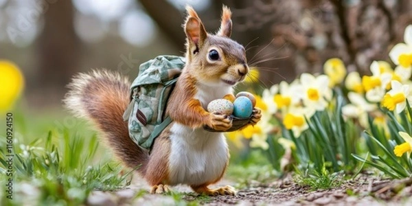 Fototapeta A cute squirrel carrying small eggs and wearing backpack and standing on the ground among daffodils.