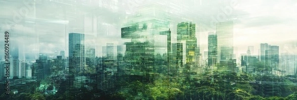 Fototapeta sustainable business practices in corporate architecture concept, A double exposure of a green building and cityscape, with an abstract digital background
