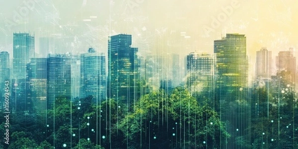 Fototapeta sustainable business practices in corporate architecture concept, A double exposure of a green building and cityscape, with an abstract digital background
