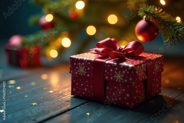 Fototapeta Glittering lights adorn a festively wrapped present under a Christmas tree, wrapping paper, gift box