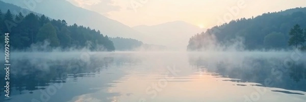 Fototapeta Gentle mist ascends serene lake surface softening ripples, softfocus, water, serenity