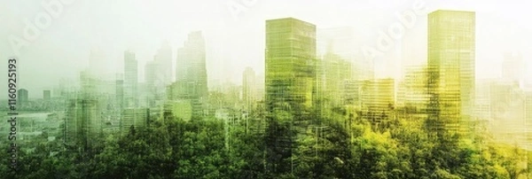 Fototapeta sustainable business practices in corporate architecture concept, A double exposure of a green building and cityscape, with an abstract digital background