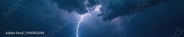 Obraz Dark stormy sky with thick grey clouds and bright lightning flashes, ominous, thunder, dark