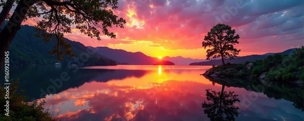 Fototapeta Sunset reflection on still waters behind a small gate, lakeside, reflective surfaces,