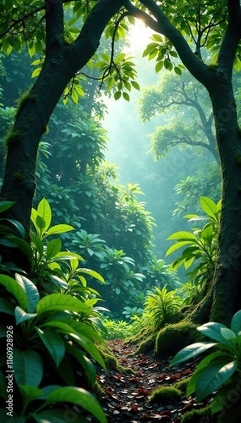Fototapeta Jungle foliage and tree branches in the background, nature documentary, jungle landscape, leafy trees