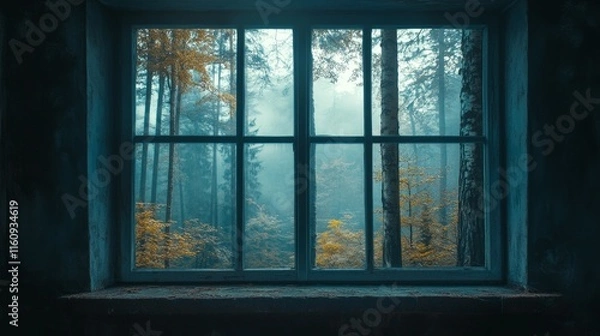 Fototapeta Rustic Window Framing Birch Forest Scene