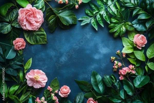 Fototapeta Beautiful arrangement of pink flowers and green leaves on a dark blue background, perfect for floral displays