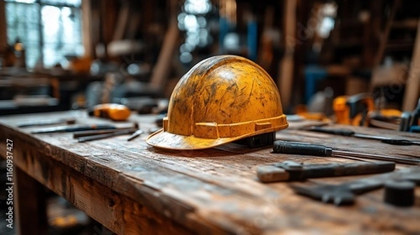 Obraz Hard Hat on Workbench in Workshop