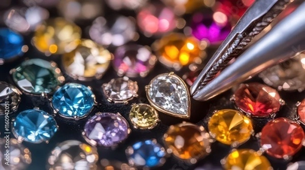 Fototapeta professional jewelry making workshop scene with master artisan using precision tools to set precious gemstones in custom designer ring mount