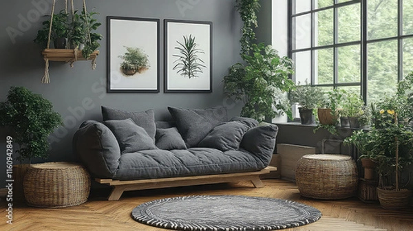 Fototapeta Frame mockup, ISO A paper size. Living room wall poster mockup. Interior mockup with house background. Modern interior design. 3D render
