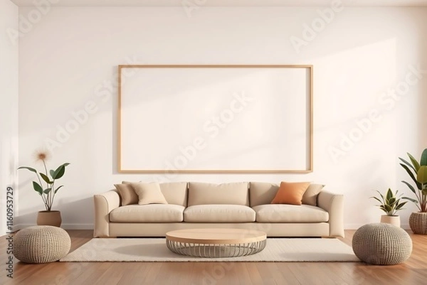Fototapeta Modern Living Room Mockup: Beige Sofa, Large Frame, and Natural Elements 