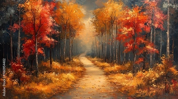 Fototapeta Golden Path Illuminated by Radiant Vibrant Trees in Scenic Background