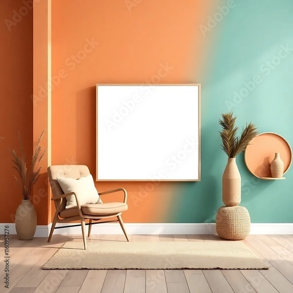 Fototapeta Modern Living Room Interior Mockup:  A minimalist living room with a single armchair, a square frame, and a vase with pampas grass, all against a two-toned wall.