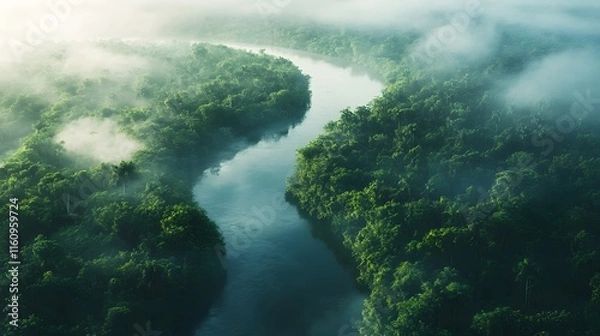Fototapeta Aerial perspective of meandering river cutting through vibrant emerald tropical rainforest canopy, showcasing pristine wilderness in misty morning atmosphere.