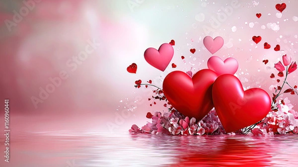 Fototapeta Valentine's Day is a romantic expression of love for your sweetheart. Romantic Red Hearts with Flowery Background and Bokeh