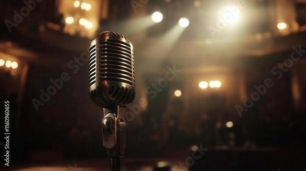 Fototapeta vintage microphone on empty stage with dramatic spotlight and blurred theater audience silhouettes in background, live performance atmosphere