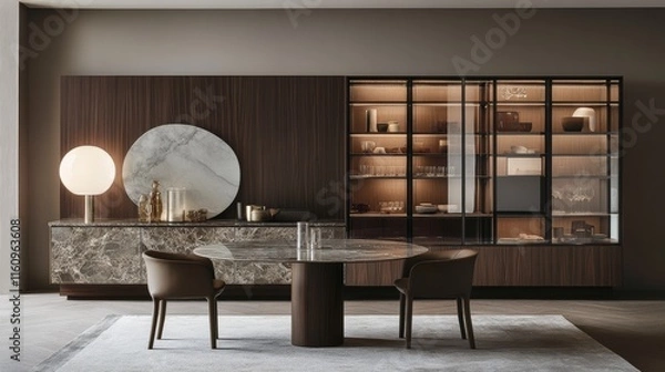 Fototapeta Interior dining room design with minimalist dining table. Include wall panel decoration with shelves rack and furniture lighting. Using marble and mirror furnishing.