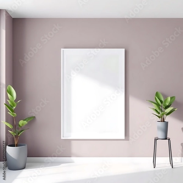 Fototapeta Minimalist Mockup: A sleek white frame with a blank canvas hangs in a contemporary living room, bathed in soft natural light, beside two potted plants.