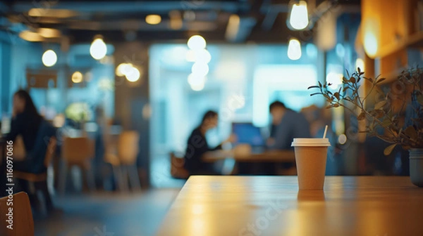 Fototapeta Blurred background of open office space and people in business clothes sitting around computers discussing.