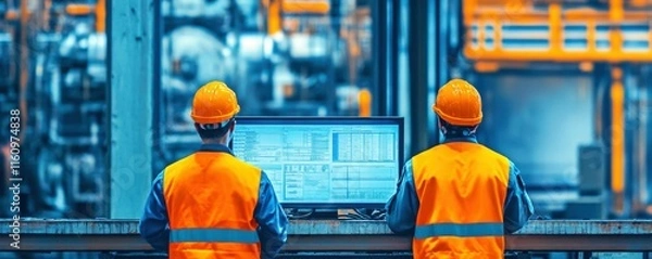 Fototapeta Two male workers in orange vests and hard hats monitor production data on a computer screen in an industrial setting.