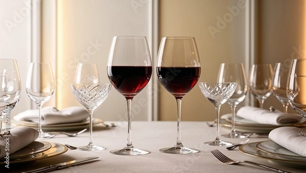 Fototapeta A Pair of Wine Glasses with Red Wine on the Set Table