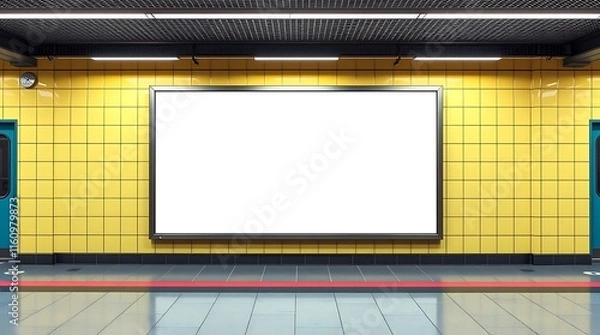 Obraz Blank Billboard Mockup: Subway Station Ad Space.  A blank billboard mockup in a subway station with yellow tiled walls and a glossy floor.
