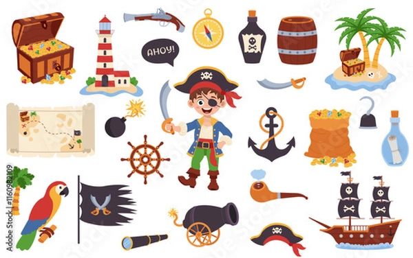 Fototapeta Pirate set. Set with ship, captain, chest, treasures, parrot, map. Pirate set for kids.