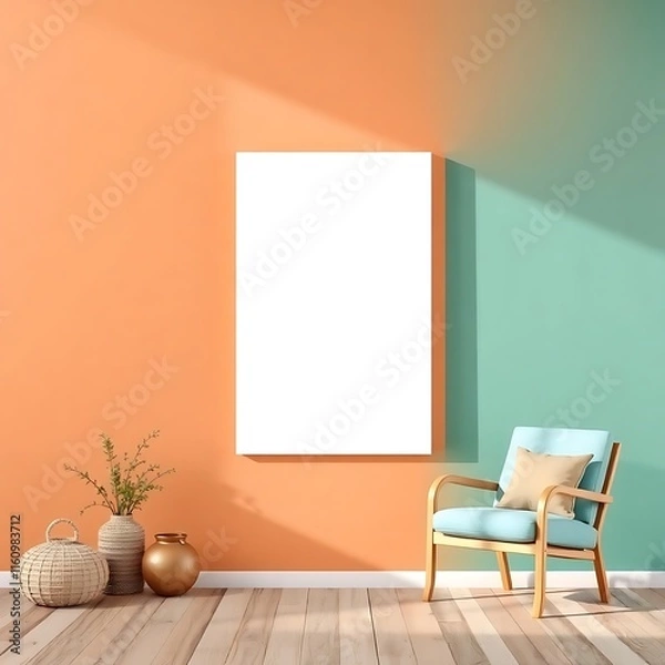 Fototapeta Minimalist Living Room with Blank Canvas Mockup: A stylish living room with a blank canvas mockup, perfect for showcasing your art or design. The room features a light blue armchair, two golden vases.