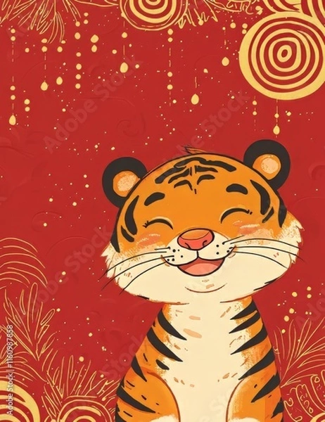 Fototapeta Tiger Sitting on Red Background