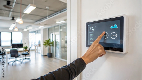 Obraz A modern office setting featuring a person adjusting a smart thermostat on the wall, with a view of an organized workspace and natural lighting.