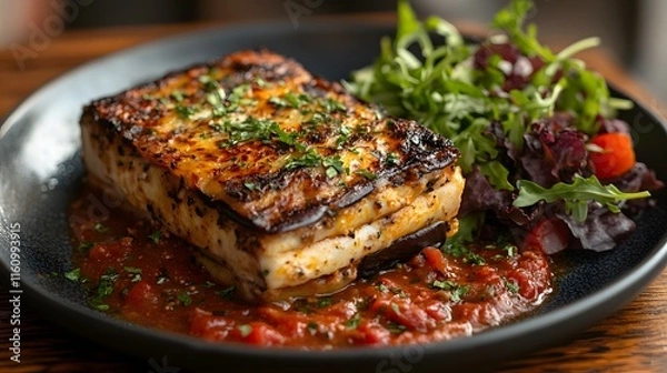 Fototapeta A picture of a mouthwatering grilled eggplant moussaka served with a fresh arugula salad and a rich tomato sauce. Delicious Grilled Eggplant Moussaka with Tomato Sauce and Arugula Salad
