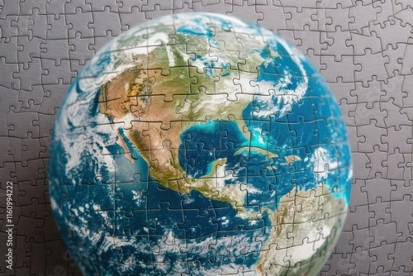 Obraz Realistic Puzzle Globe of North America on Gray Background