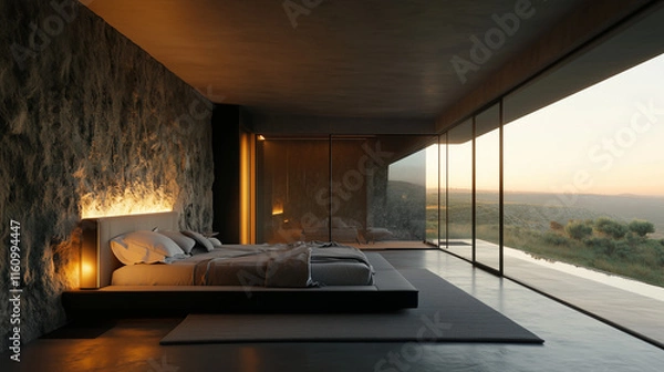 Fototapeta モダンでミニマリストなベッドルームデザイン、床から天井までの大きな窓から見える海の夕日